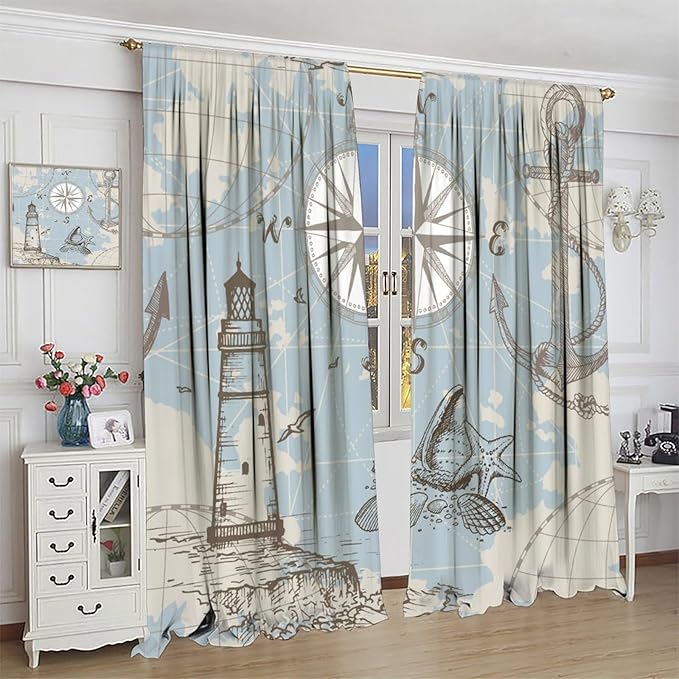 BAEKJIN Nautical Costal Curtains, Compass Lighthouse Anchor Sailboat Pattern Print Decor Home Bedroom Living Room Window Treatments 2 Panel Set 42x45 Inch