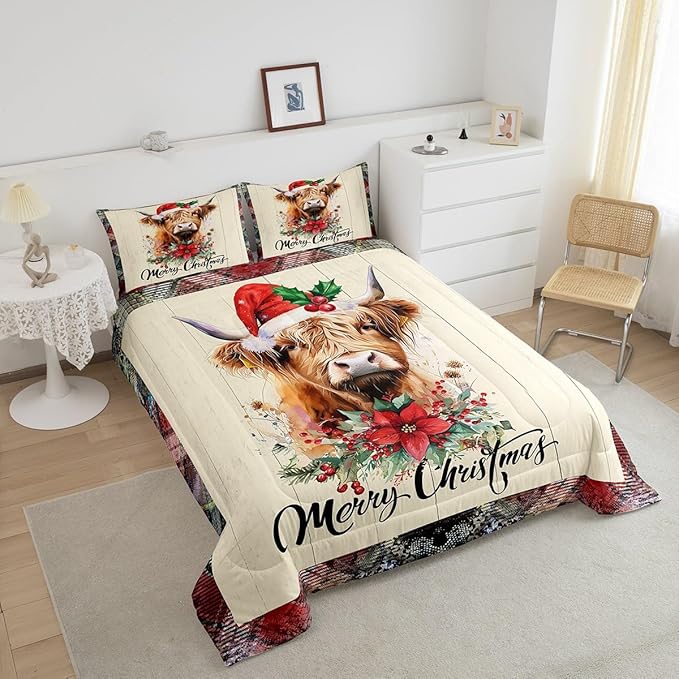Castle Fairy Highland Cattle Comforter Set Twin Size,Merry Christmas Flowers Pine Trees Bedding Set for Kids Boys Men,Rustic Farmhouse Wooden Grid Plaid Quilted Duvet Set with 1 Pillowcase