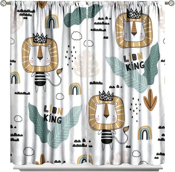 Cartoon Little Lion King Window Curtains for Baby Child,Cute Funny Forest Animals,Tropical Jungle Leaves Wildlife Boho Rainbow Print Blackout Drapes for Nursery Boys Girls Kids Bedroom 63x63in