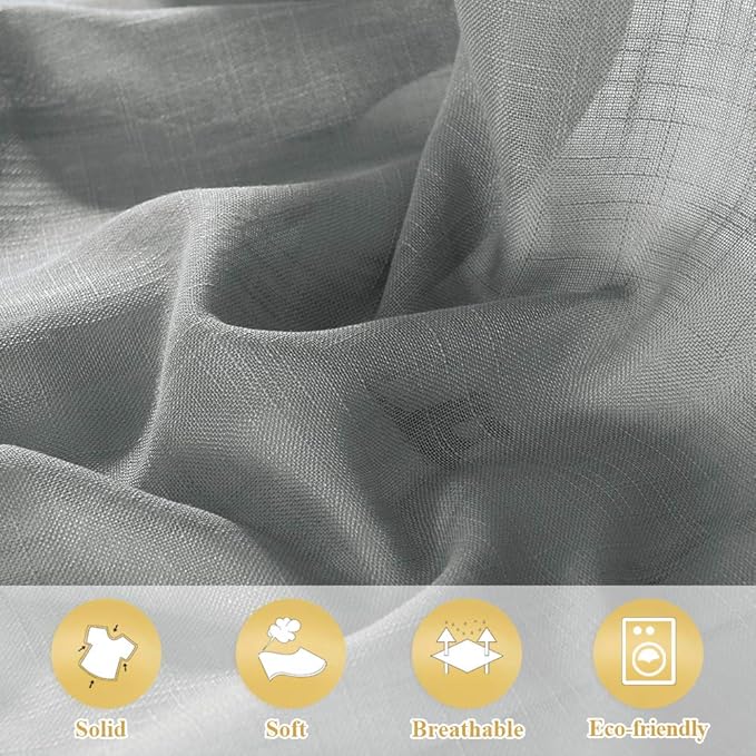 RYB Home Linen Sheer Curtains - Linen Textured Semi Sheer Curtains for Home Office Kids Nursery Bedroom Window, 52 inches Wide x 63 inches Long per Panel, 2 Panels, Grey