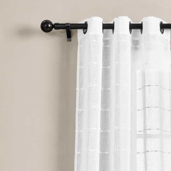 Lush Decor Farmhouse Textured Grommet Sheer Window Curtain Panel Pair, 38"W x 84"L, Bleach White
