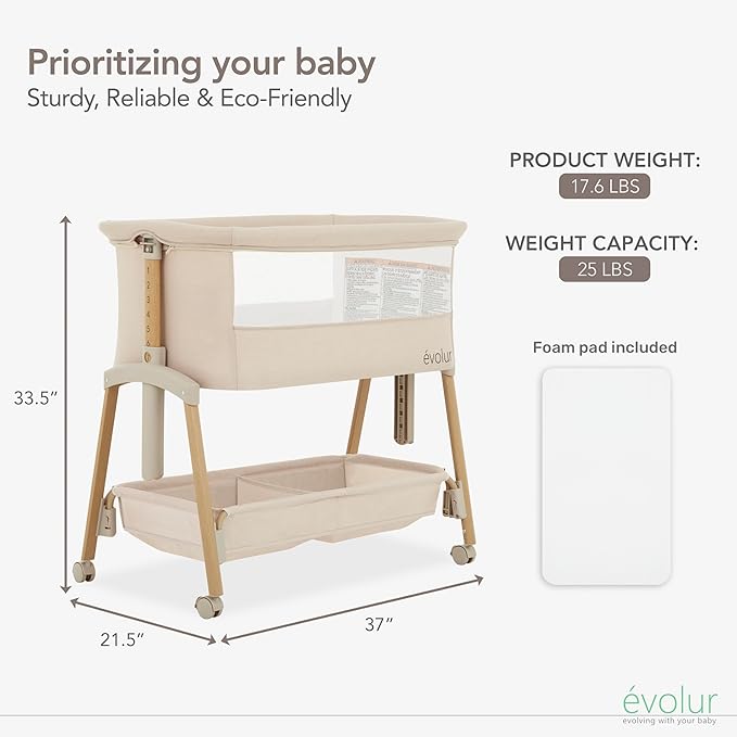 évolur Lullaby Portable Bassinet with Wheels, Adjustable Bedside Sleeper, Breathable Mesh Sides, Large Storage Basket, Easy Fold, and Travel Bag Included, Perfect for Newborns & Infants - Biege