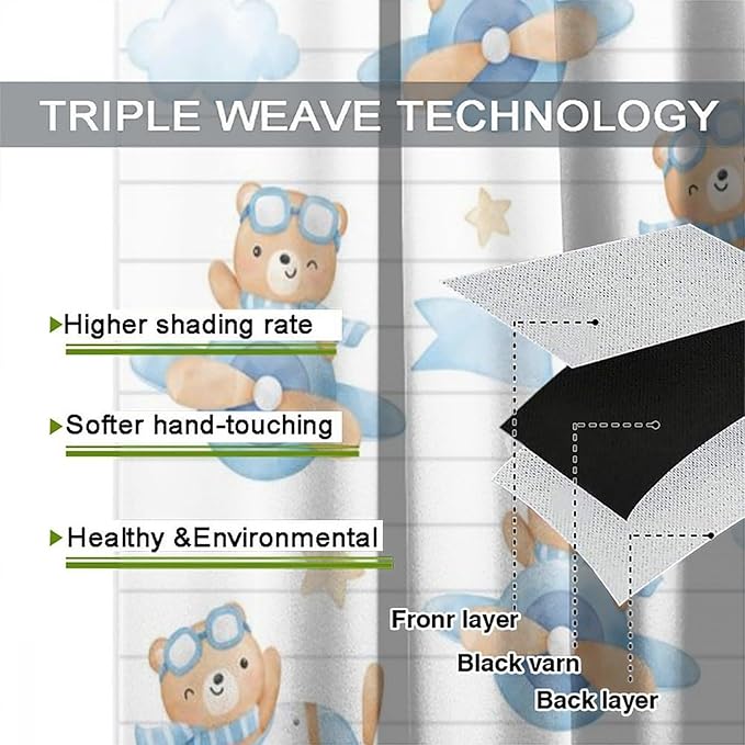 Cartoon Bear Curtains, Lovely Bear Adventure Airplane Blue White Stripe Blackout Window Treatments, Rod Pocket Thermal Insulated Drapes 2 Panel Sets for Kids Bedroom Nursery Classroom, 55"W X 63"L