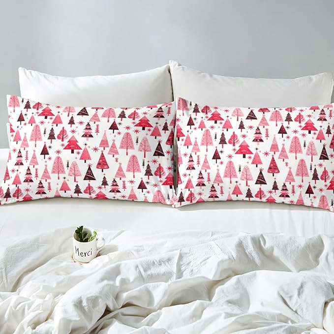 Manfei Pink Xmas Trees Duvet Cover Set King Size, Christmas Theme Bedding Set 3pcs for Kids Boys Girls Adults, Happy New Year Comforter Cover Soft Polyester Quilt Cover with 2 Pillowcases,No Comforter