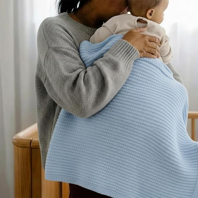 Baby Knit Blanket, 100% Cotton Waffle Patterns, Soft, Cozy, Lightweight Swaddle for Newborn & Infant Swaddling Beige Neutral, Perfect Baby Shower Ideas Baby Blue 30x40