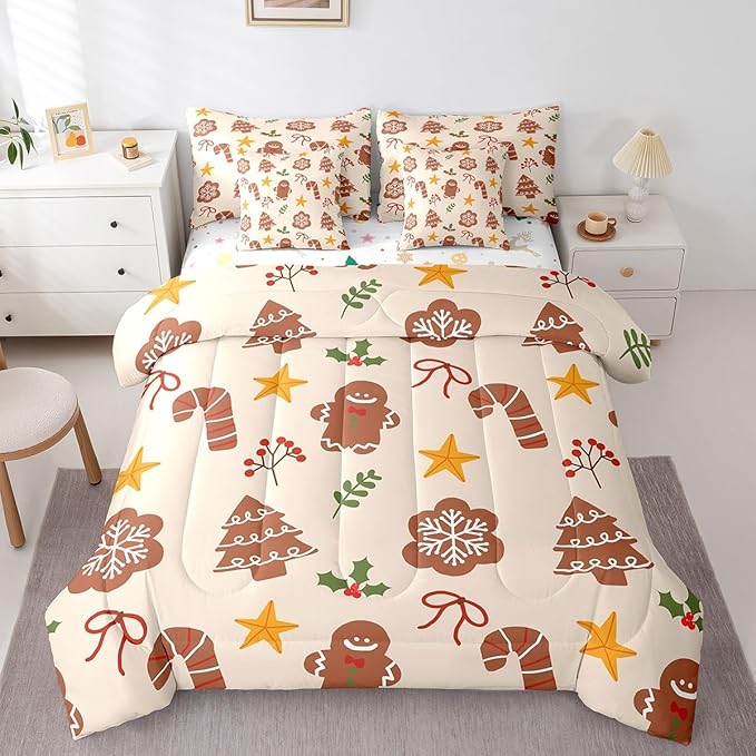 Merry Christmas Kids Bedding Set Xmas Theme Comforter Set with Sheets for Boys Girls Cartoon Gingerbread Man Christmas Tree Decor Bed in a Bag Brown Bed Set 7Pcs King Size