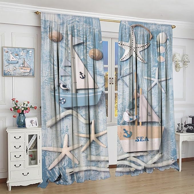 Nautical Curtain,Navy Anchor Sailing Map Starfish Seashells Bedroom Curtain,Waterproof Washable Fabric for Bedroom Decor Set 2 Panels,72x63 Inches