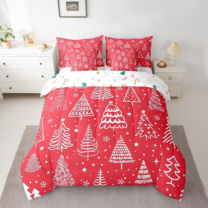 Merry Christmas Bed Set Xmas Tree Cute Comforter Set with Sheets Red Chic Bed in a Bag Kawaii Stars Cartoon Bedding Set Bedroom Collection Full Size
