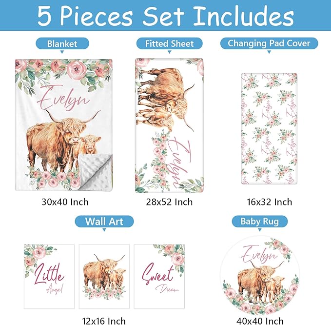 Custom Baby Crib Bedding Set, 5 Pcs Personalized Name Highland Cow Print Baby Crib Set, Double Layer Nursery Bedding Set for Baby Girls Boys, Ideal Gifts for Infant Toddler New Parents