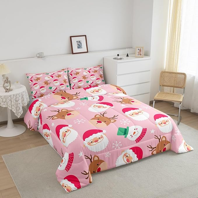 Cartoon Santa Claus Kids Comforter Set Twin Size,Cute Snowman Deer Xmas Bedding Set,Boys Girls Adults Room Decor,Merry Christmas Snowflake Down Comforter,Pink Romantic Duvet Insert,1 Pillowcase