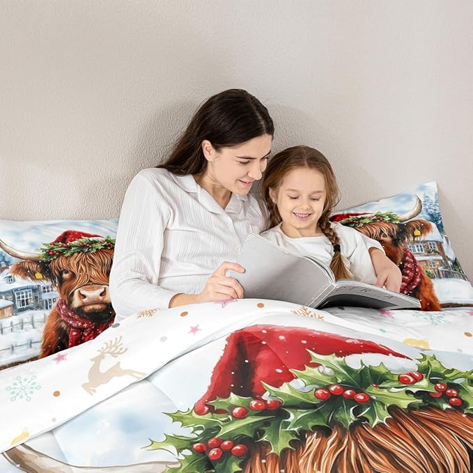 Feelyou Merry Christmas Bedding Set Soft for Boys Girls, Highland Cow Comforter Set Toddler Size Snowflake Duvet Quilt Microfiber Winter Bedroom Decor 2 Pcs with 1 Pillow Cases
