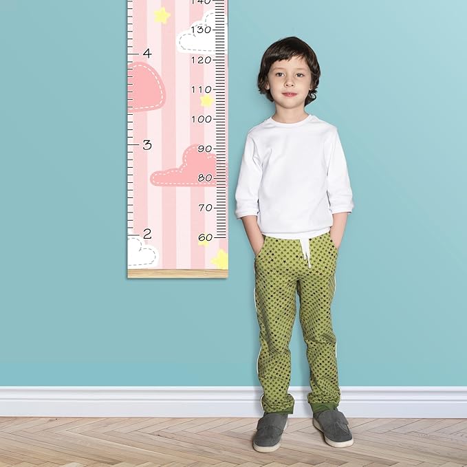 Personalized Kids Name Growth Chart Ruler for Wall Wood Frame Height Measure Chart 13.4x56 in Linen Hanging Height Growth Chart Cute Pink Kids Room Decor