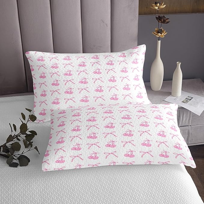 Manfei Cherry Bowknot Kid Bedspread Twin Size,Pink Bow Tie Butterfly Knot Princess Coverlet Set,Girls Women Room Decor,Cartoon Bow Patchwork Quilted Coverlet,Dreamy Sweet Bedding Quilt,1 Pillowcase