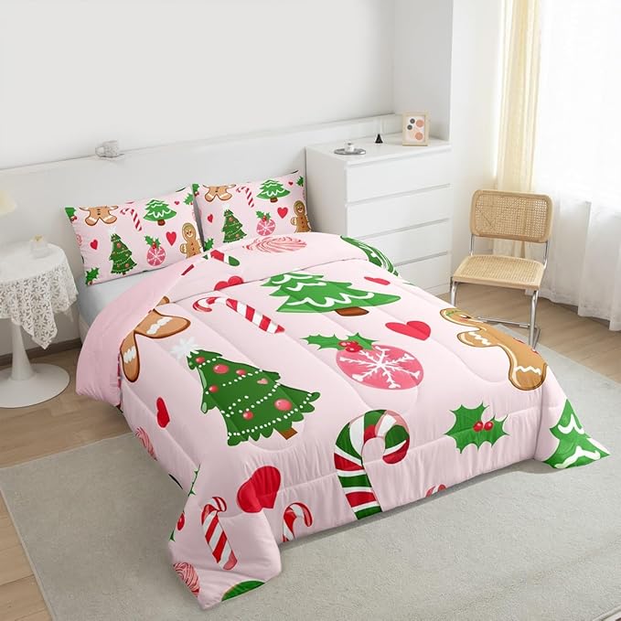 Feelyou Merry Christmas Kids Comforter Set Full Size Gingerbread Man Bedding Set Christmas Decor Duvet Quilt for Kids Boys Girls Bedroom New Year Gift Decor Microfiber Ultra Soft Breathable