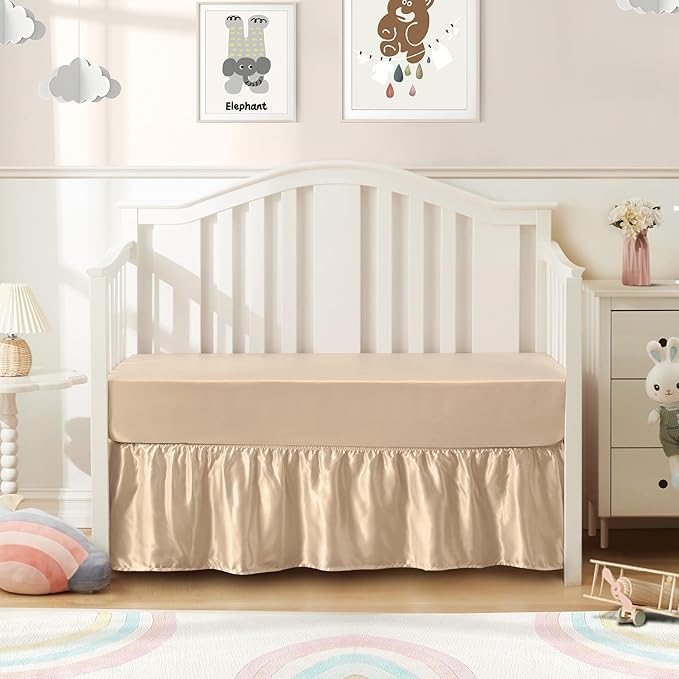 SiinvdaBZX 2-Piece Set Satin Crib Sheets & Crib Bed Skirt, 52" x 28" Silky Soft Ruffled Baby Crib Skirt with Adjustable Elastic 14" Drop, Fit for Standard Crib & Toddler Bedding (Beige)