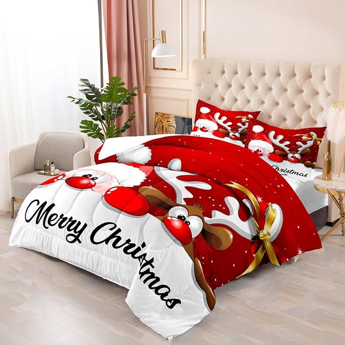 LUVIVIHOME 2PCS Merry Christmas Comforter Set - Twin Size, Funny Santa Claus Bedding, Reindeer Cute Christmas Bedroom Decor for Kids Boys Girls Teens, Xmas Gifts, 1 Pillow Case