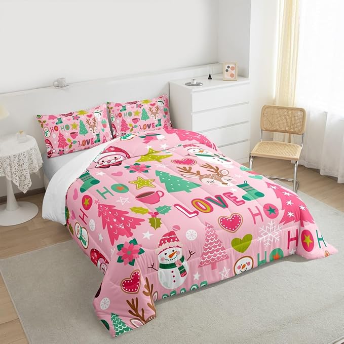 Manfei Xmas Pink Comforter Set King Size, Santa Claus Snowman Deer Trees Bedding Set 3pcs for Kids Girls Adults Room Decor, Christmas Theme Down Comforter New Year Quilt Set with 2 Pillowcases