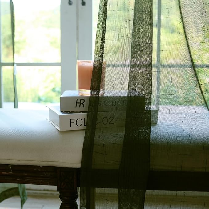 Olive Green Sheer Curtains 96 Inches Long 2 Panels, Dark Textured Linen Look See Through Drapes, Thin Light Filtering Window Treatments, DIY Pinch Pleat Sliding Glass Door Curtain