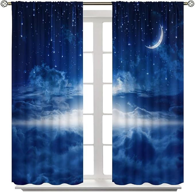 Star Night Sky Blackout Curtains, Moon Foggy Clouds Landscape Theme Print Window Drapes for Kids Girls Bedroom Living Room 55" W X 63" L