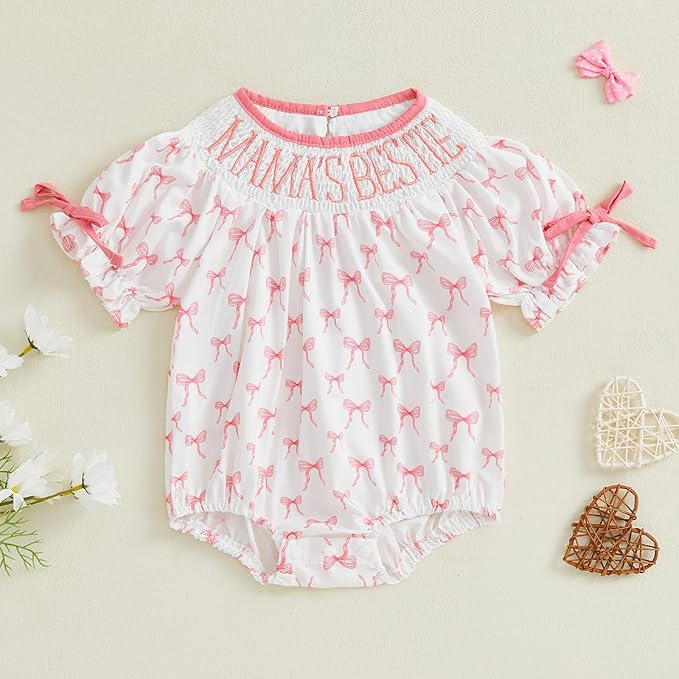 Newborn Baby Girl Romper Mamas Mini Bow Plaid Print Puff Sleeve Smocked Bubble Romper Jumpsuit Bodysuit Clothes