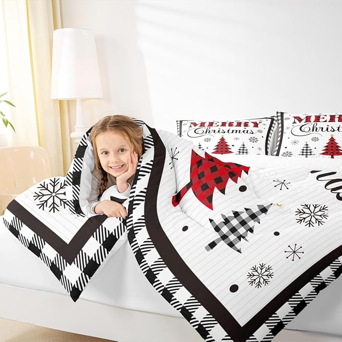 Merry Christmas New Year Kids Comforter Set Full Size,Snowflake Pine Trees Bedding,Girls Boys Adults Bedroom/Xmas Cabin Decor,Grids Geometric Fashion Down Comforter,Rustic Duvet Insert,2 Pillowcases