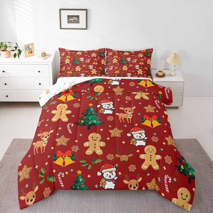 Feelyou Merry Christmas Comforter Set Twin Size Gingerbread Man Bedding Set for Kids Boys Girls Cute Deer Duvet Quilt Christmas Tree Microfiber 2 Pcs with 1 Pillow Cases