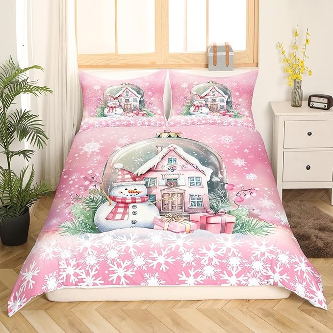 Manfei Christmas Duvet Cover Set Full Size, Pink Castle and Snowman Print Bedding Set 3pcs for Kids Girls Teens Bedroom Decor, New Year Snowflake Print Comforter Cover with 2 Pillowcases,No Comforter