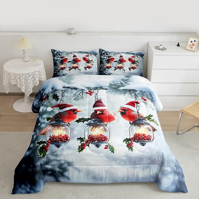 Feelyou Merry Christmas Comforter Set All Season Robin Bird Bedding Set with 2 Pillow Cases Snowflake Microfiber Kids Full Bedclothes Winter Bedroom Decor Duvet Quilt Breathable Soft Lightweight