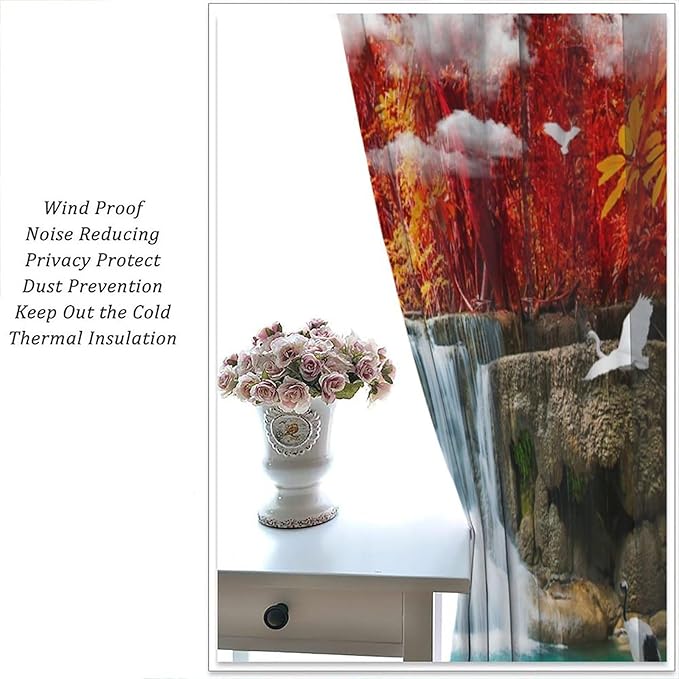 Nature Blackout Curtains, Waterfall Landscape Forest River Crane Fish Floral Pattern Rod Pocket Window Drapes, for Bedroom Living Room 42" W X 63" L