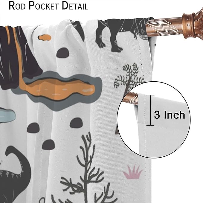 Funny Dinosaur Curtains Cute Dino Cartoon Animals Abstract Aesthetics Art Print for Kids Girls Boys Bedroom Living Room Rod Pocket Decoration Window Drapes 2 Panels W36xL63in