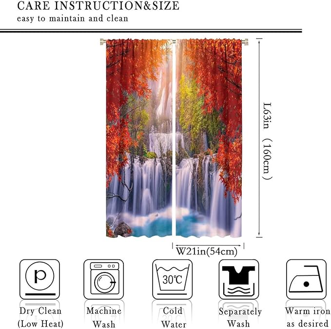 Forest Waterfall Blackout Windows Curtains, Autumn Red Green Maple Leaves Jungle Rainforest Natural Scenery Landscape Curtains, for Living Room Bedroom 42x63in 2 Panels