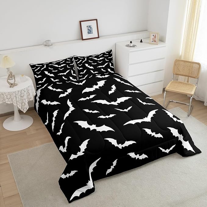 Erosebridal Bat Comforter Set Toddler Size for Kids Bedroom with 1 Pillow Case Happy Halloween Bedding Set Gothic Spooky Duvet Insert Cartoon Style Quilt, Black White