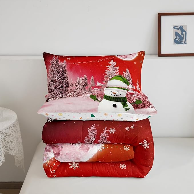 Feelyou Kids Merry Christmas Decorations Twin Size Comforter Set Xmas Snowman Bedding Set Red Quilt Set Soft Warm Lightweight Duvet Set