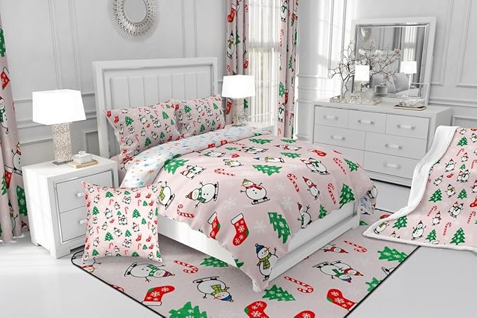 Feelyou Pink Christmas Comforter Set Queen Size Snowman Bedding Set for Kids Boys Girls Snowflake Duvet Quilt Xmas Tree Bedroom Decor Microfiber 3 Pcs with 2 Pillow Cases