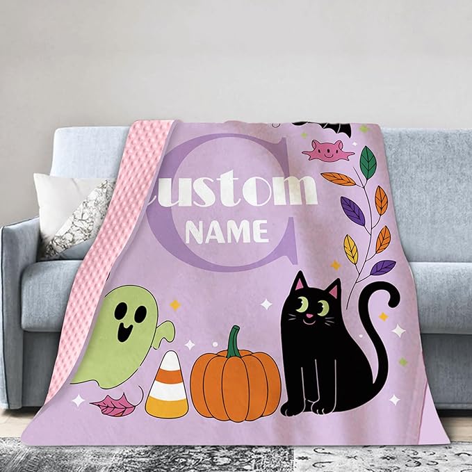 Personalized Halloween Blanket for Girls, Custom Baby Blanket with Name, Ghost & Bat Pattern Soft Minky Dot Blanket, Halloween Decor Christmas Birthday Gifts for Kids Toddlers