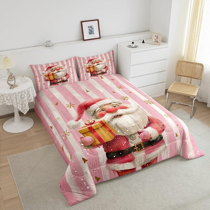 Cartoon Santa Claus Comforter Set Twin Size,Merry Christmas Snowflake Bedding Set for Kids Boys Girls Room Decor,Red Pink Stripes Quilt Set 2Pcs,Xmas Theme Microfiber Duvet Insert,1 Pillowcase