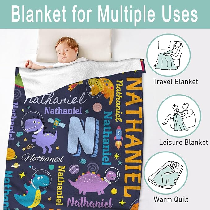 Dinosaur Lover Astronaut Personalized Blanket with Name Custom Dinosaur with Name Flannel Blanket Soft Throw Meaningful Gift for Toddlers Girls Boys Kids Pets 80 * 60" L for Adult