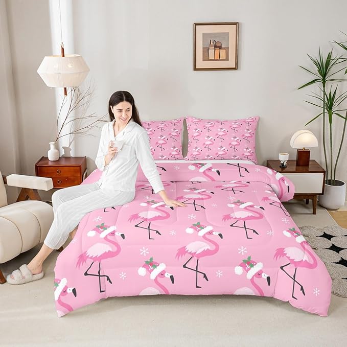 Merry Christmas Pink Bed Comforter Set Queen Size,Red Birds Wild Animal Super Soft Microfiber Bedding Set for Adults Teens,Flamingo Comforter Set,2 Pillowcases