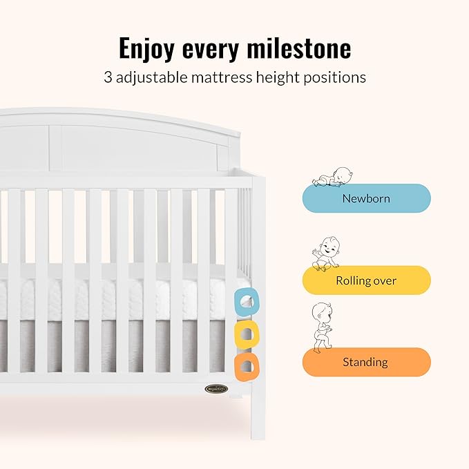 Dream On Me Storybrooke 5-in-1 Convertible Full-Size Baby Crib in White, GreenGuard Gold & JPMA, Convert to Toddler, Day & Full-Size Bed Sustainable Pinewood, 3 Mattress Heights