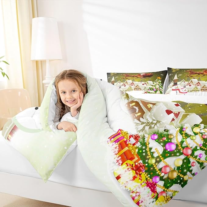 Manfei Christmas Comforter Set Twin Size, Xmas Tree Snowman Quilt Set with 1 Pillowcase, Santa Claus with Deer Bedding Set 2pcs for Kids Boys Girls Room Decor New Year Theme Duvet Insert