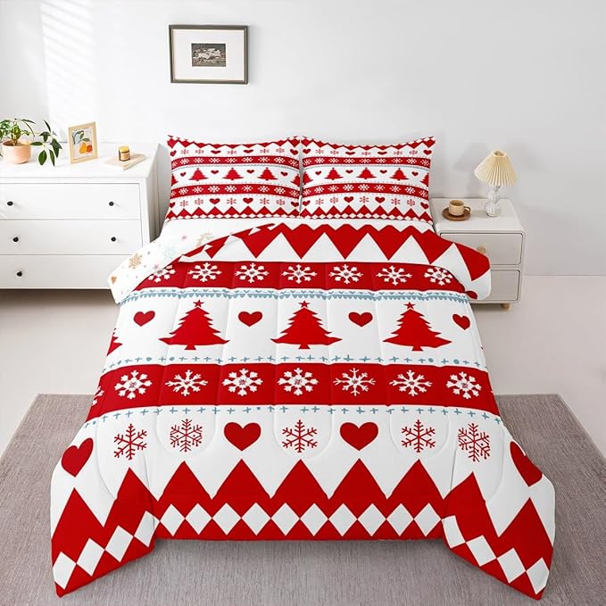 Feelyou Christmas Comforter Set Full Size Xmas Tree Bedding Set for Kids Boys Girls Snowflake Heart Duvet Quilt Geometric Bedroom Decor Microfiber 3 Pcs with 2 Pillow Cases