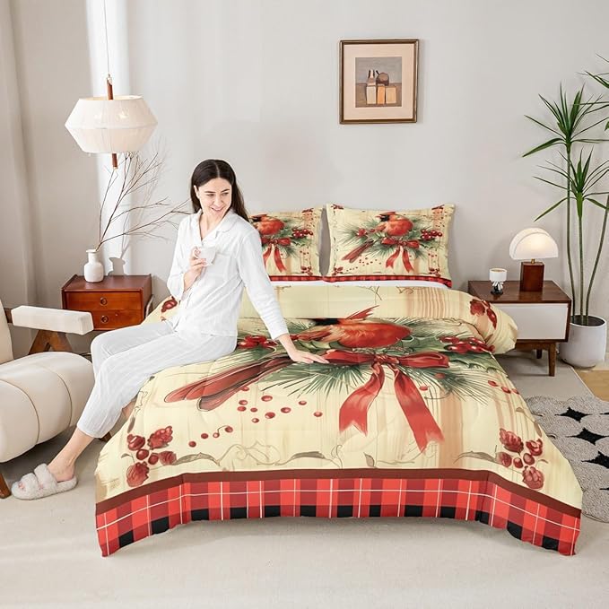 jejeloiu Kids Red Cardinal Comforter Set Twin Size Christmas Red Black Plaid Bow Bedding Set for Boys Girls Teens Xmas Birds Animal Winter Wood Plank Duvet Quilt Room Decor