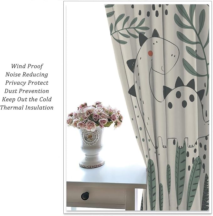 Funny Dinosaur Curtains, Jungle Cute Cartoon Animals Tropical Leaves Plant Beige Green Print Blackout Window Treatments for Kids Boys Girls Bedroom Living Room 55x63in
