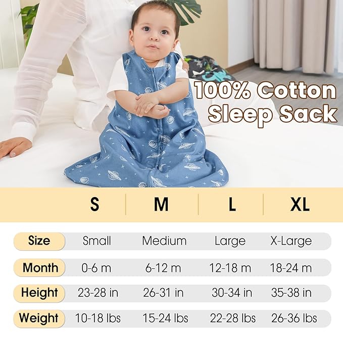 PHF Soft Baby Sleep Sack 12-18 Months 100% Organic Cotton Wearable Blanket, 2-Way Zipper 0.5 TOG Toddler Sleeping Sack 3 Pack, Comfy Sleep Bag for Baby Boys Girls, Navy Space (Large)
