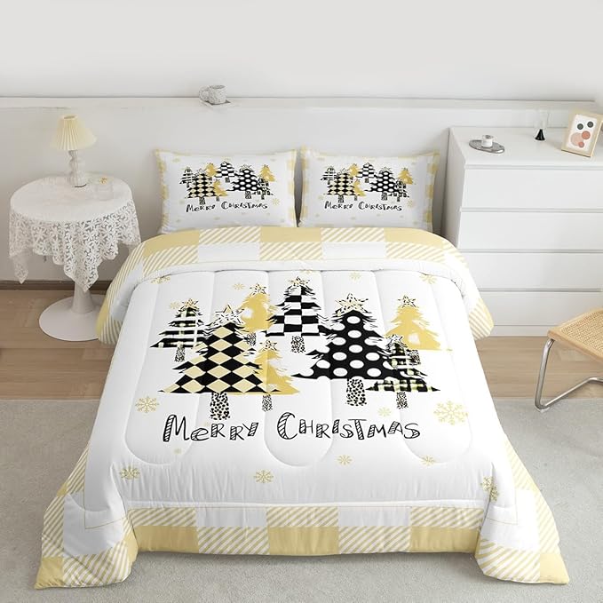 Manfei Xmas Tree Comforter Set King Size, Yellow Plaid Grid Snowflake Down Comforter with 2 Pillowcases, Christmas Theme Bedding Set 3pcs for Kids Girls Adults Room Decor New Year Duvet Insert