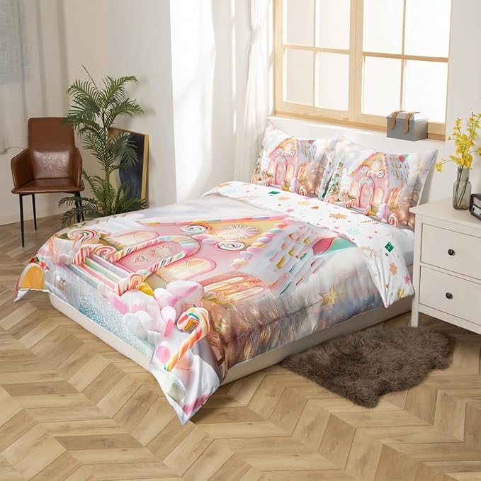 Manfei Christmas Kids Duvet Cover Set Queen Size, Cute Candy Cabin Xmas Bedding Set for Boys Girls Room Decor, New Year Theme Comforter Cover, Lightweight Bedspread Cover, 2 Pillowcases, No Comforter