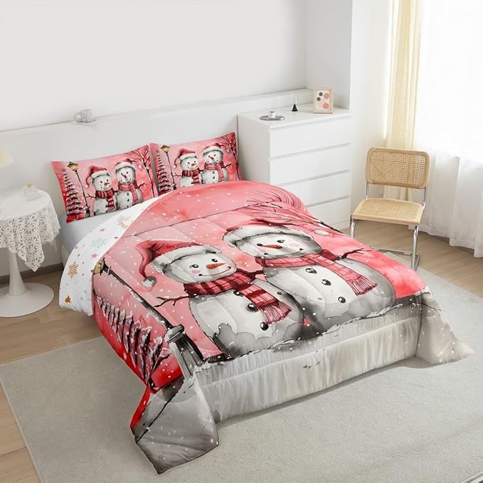 Feelyou Christmas Bedding Set Soft for Boys Girls, Pink Watercolor Snowman Comforter Set Twin Size Xmas Winter Duvet Quilt Microfiber Snowflake Bedroom Decor 2 Pcs with 1 Pillow Cases