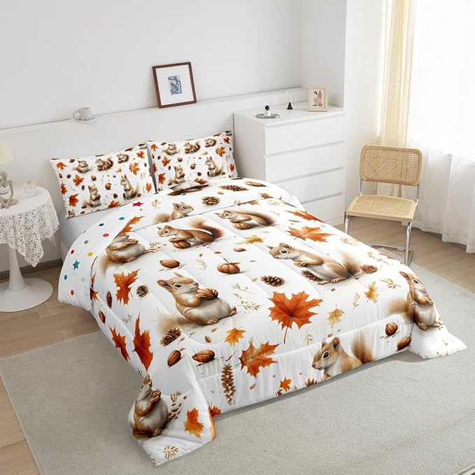 Feelyou Boys Girls Fall Autumn Duvet Cover King Size, Cute Squirrel Comforter Set Cartoon Animal Comforter Cover Kids Maple Leaf Teens Bedspread Cover Bedroom Decor Bed Set 3Pcs