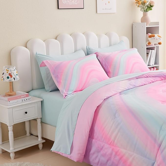 Wajade Girls Pink Comforter Set Bed in A Bag Queen Size 7 Piece 3D Colorful Tie Dye Pink Rainbow Bedding Set for Teens Girls (1 Comforter, 1 Flat Sheet, 1 Fitted Sheet, 2 Pillowcase and 2 Pillow Sham)