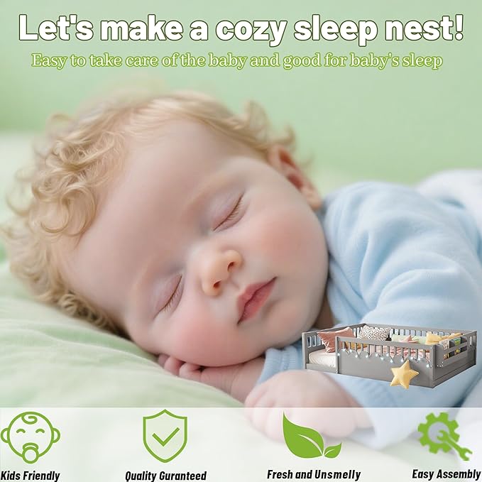 Full Size Floor Bed for Kids, Wood Montessori Floor Bed Full with High Rails & Storage Shelf, Baby Floor Beds with LED Light for Boys & Girls, Gray